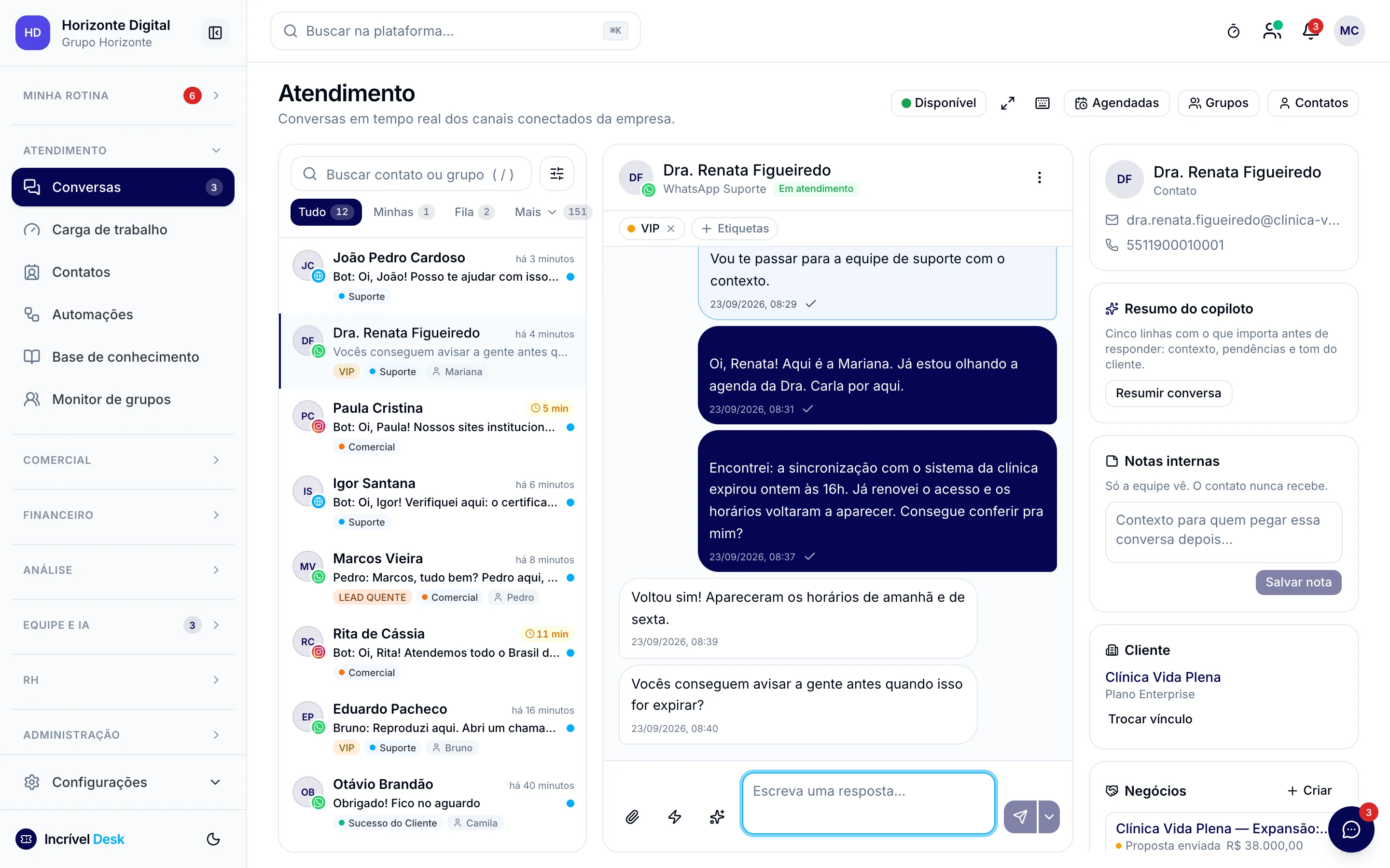 Tela do Incrível Desk com fila de conversas, atendimento no WhatsApp e contexto do cliente na lateral.