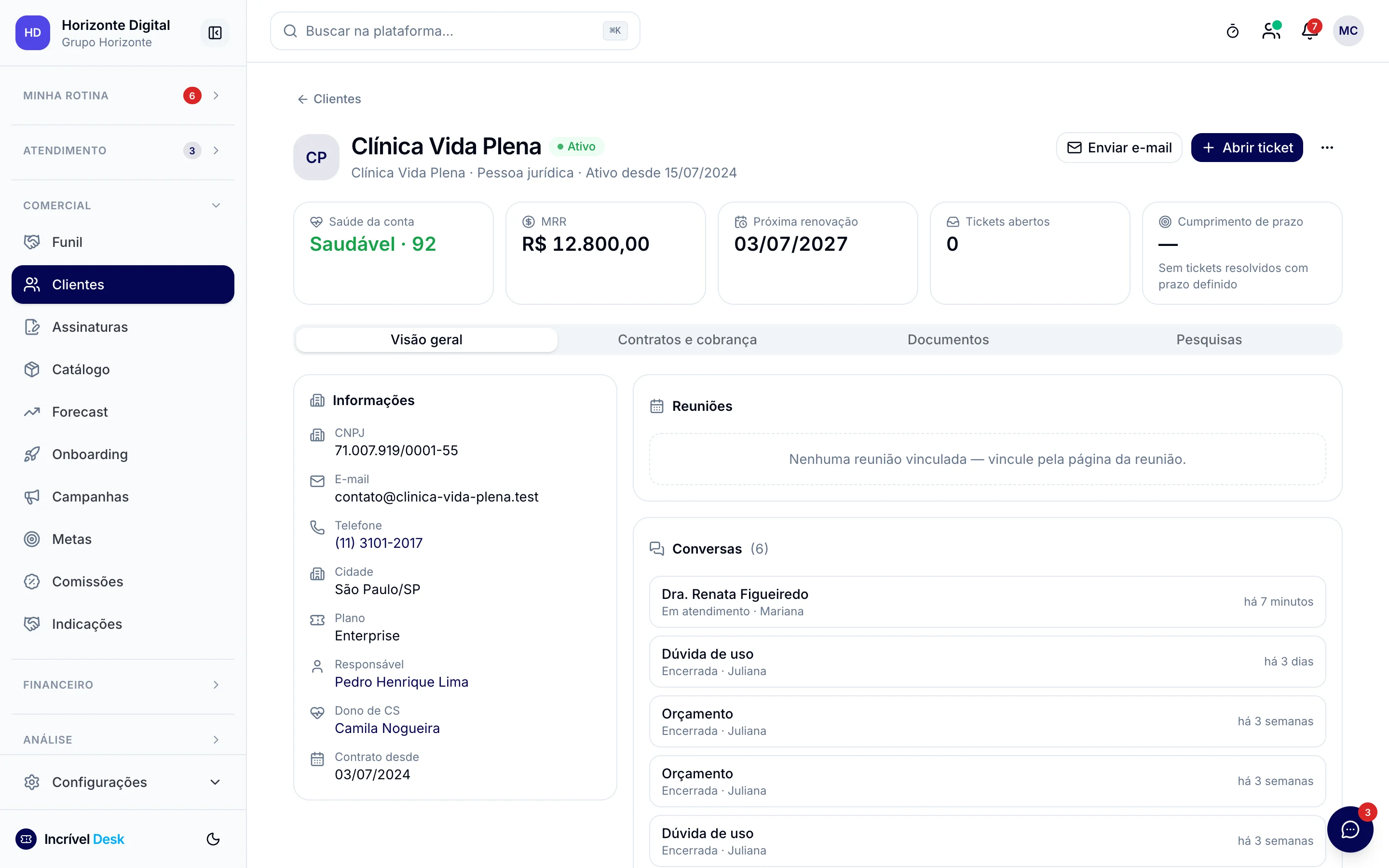 Perfil de cliente no Incrível Desk com saúde da conta, renovação, tickets e histórico de conversas.
