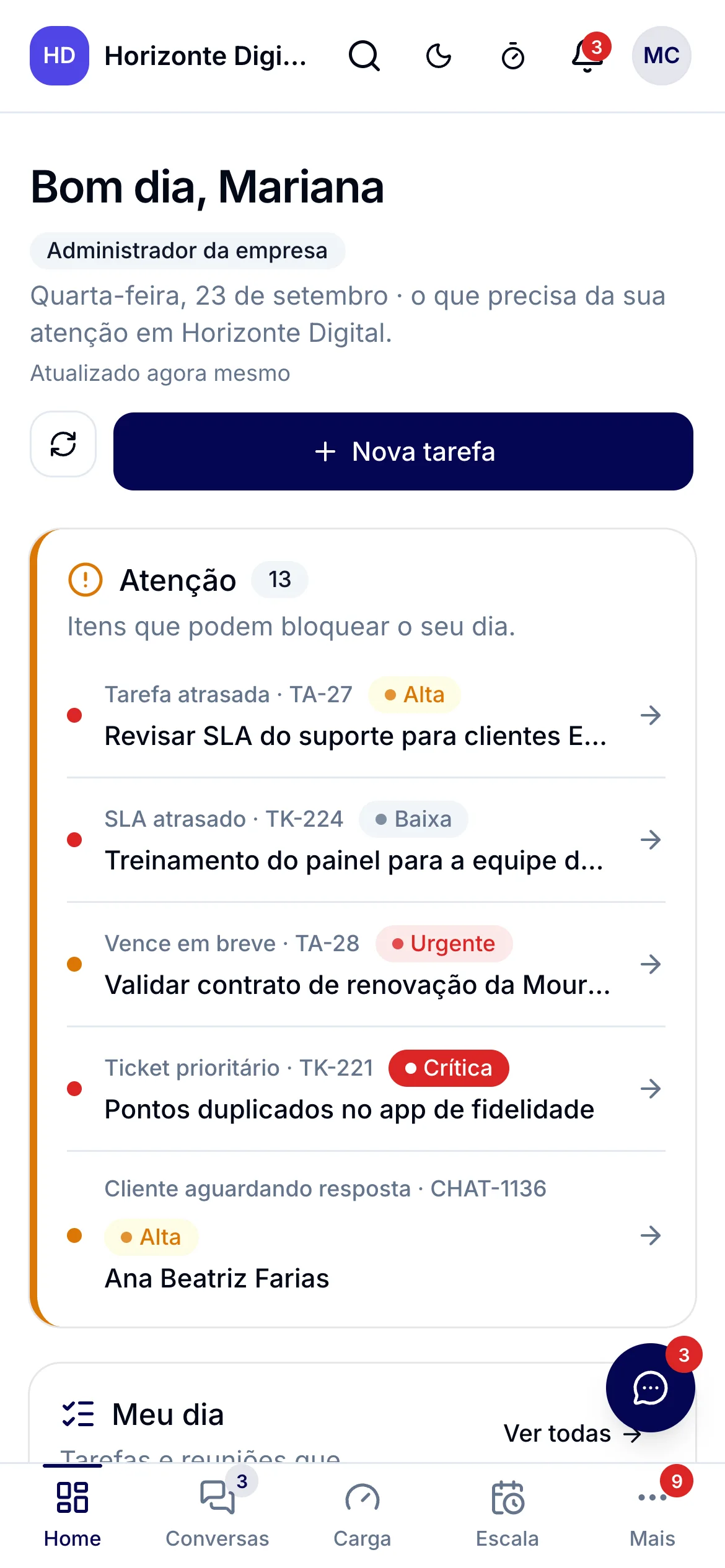 Tela inicial mobile do Incrível Desk com prioridades, tarefas e itens que pedem atenção